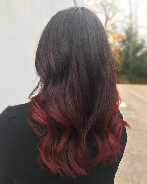 Balayage,color melt,long hair,dark hair,red hair,ombré, Red Color Highlights Hair, Red Ombre Dark Hair, Hair Color At Ends Of Hair, Dark Hair Colored Ends, Hair Color At The End Of Hair, Hair Dye Only Tips, Faded Dark Red Hair, Burgundy Hair Ends, Hair End Color