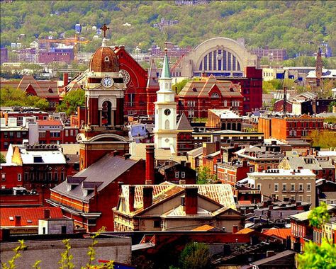 Over-the-Rhine historic district in Cincinnati, Ohio Over The Rhine Cincinnati, Downtown Cincinnati, Penn Station, Ohio Travel, Ohio River, Historic District, Cincinnati Ohio, Old Buildings, Aerial View