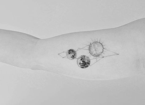 Earth Sun And Moon Tattoo, Earth Sun Tattoo, Earth Sun Moon Tattoo, Sun And Planets Tattoo, Sun Moon And Earth Tattoo, Sun Moon Earth Tattoo, Earth And Sun Tattoo, Moon Earth Tattoo, Moon And Earth Tattoo