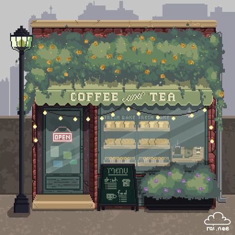 I saw a photo of a coffee shop somewhere here on Pinterest and I couldn't help but make it into a pixel art piece. I was a bit nervous doing this piece since it was on a large canvas, and I didn't know if my brain could think up things to put on it. I like how it turned out though ✨ Pixel Coffee Shop, Victorian Pixel Art, Coffee Shop Pixel Art, Library Pixel Art, Pixel Art Illustration, Coffee Pixel Art, Pixel Library, Pixel Interior, Cozy Pixel Art