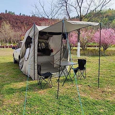 Car Awning Ideas, Suv Tent Camping, Suv Awning, Rav4 Camping, Suv Camping Tent, Tents Camping Glamping, Outdoor Hobbies, Tailgate Tent, Suv Tent