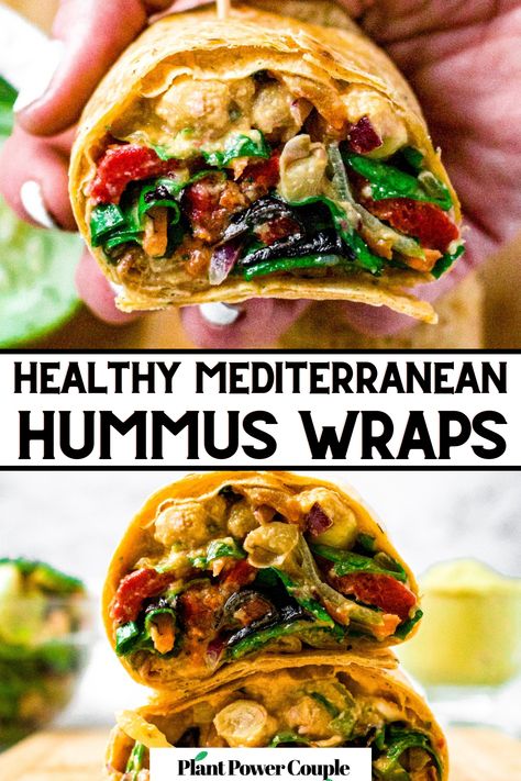 Indulge in the flavors of the Mediterranean with our refreshing Hummus Wrap recipe! Perfect for hot summer days when cooking is out of the question, this wrap bursts with fresh veggies like red onions, peppers, kalamatas, and crunchy lettuce. Drizzled with a creamy hummus dressing and wrapped snugly in a flour tortilla, it's a filling and flavorful delight that captures the essence of summer in every bite! Red Pepper Hummus Wrap, Wraps Recipes Vegan, Hummus Wrap Ideas, Summer Wraps Recipes, Dinner Wraps Recipes, Hummus Veggie Wrap, Wraps With Hummus, Veggie Wrap Recipe, Hummus Wrap Recipe