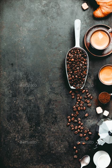 Coffee espresso in dark cups, coffee beant, ground coffee, brown sugar, milk, croissants, capsules. by klenova. Coffee composition on dark background. Coffee espresso in dark cups, coffee beant, ground coffee, brown sugar, milk, ... #Affiliate #coffee, #beant, #ground, #cups Coffee Beans Photography, Coffee Shop Photography, Coffee Stock, Coffee Shot, Coffee Wallpaper, Food Photography Tips, Coffee Pictures, Coffee Photos, Coffee Espresso