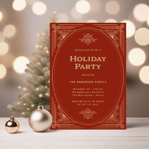 $3.95 | Modern Deco | Elegant Red Holiday Party Gold - christmas holiday party, elegant, twenties 1920s, glamorous, classic and traditional, unique, cocktail party, red, vintage art deco, gold foil Vintage Christmas Party Invitations, Red Christmas Party, Formal Christmas Party, Vintage Christmas Party, Hosting Holiday Party, Christmas Invitation Card, Christmas Party Host, Gold Foil Invitation, Christmas Holiday Party