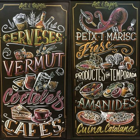 Pizarras para el exterior del restaurante Art i Tapes en Barcelona escritas en Catalán. --- Lettering, handlettering, pintado a mano, rotulación a mano, pizarra decorativa, interiorismo, diseño interiores, decoración para hostelería, handdrawing, pintor de letras, oferta restaurante, rotulista tradicional, artesano, artesanal, artisan, freehand, posca, liquid chalk, chalkart, chalkpaint. Chalkboard Menu Design, Free Chalkboard Fonts, Menu Design Restaurant, Blackboard Lettering, Chalk Illustration, Typographie Logo, Blackboard Art, Calligraphy Doodles, Chalk Sign