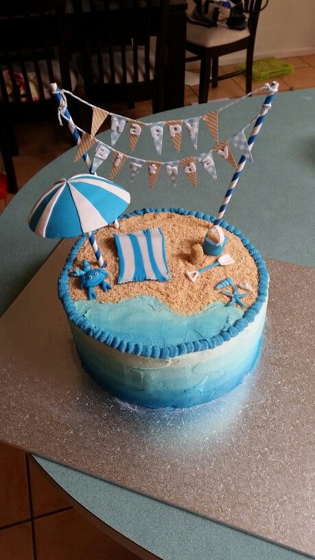 Blue Beach Cake, Bluey Beach Cake, Beach Cakes Birthday, Birthday Cake Beach Theme, Seaside Birthday Cake, Easy Cakes For Kids, Beach Bday, Summer Birthday Cake, Beach Birthday Cake