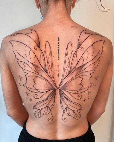 Fairy Wings Tatoos, Fairy Wings Back Tattoo Big, Butterfly Wings Tattoo On Back Fairies, Fairy Wings Neck Tattoo, Full Back Butterfly Tattoo, Full Back Fairy Wing Tattoo, Moth Wing Back Tattoo, Big Fairy Tattoo, Fairy Wing Spine Tattoo