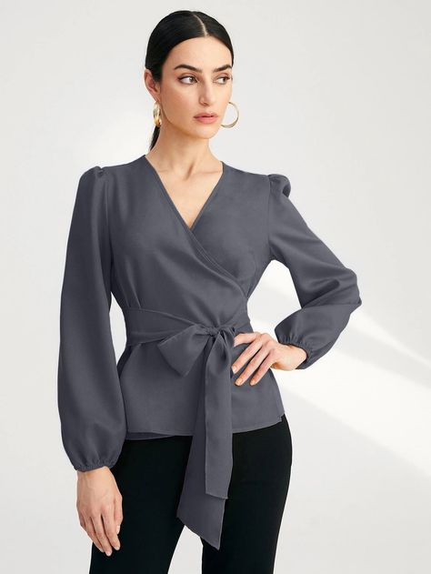 Dark Grey Casual  Long Sleeve Polyester Plain Peplum Embellished Non-Stretch Spring/Fall Women Tops, Blouses & Tee Top Of Shoulder Tattoo, Belted Blouse, White Cold Shoulder Top, Sleeveless Kimono, Belt Blouse, Poncho Blouse, Blouse Measurement, Navy Blouse, Grey Blouse