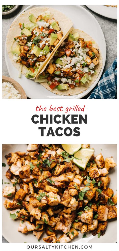 Grilled Chicken Tacos are perfect for a fast, friendly, choose-your-own-adventure weeknight dinner that's approved by picky eaters, and everyone else too! Our simple marinade is just taco seasoning, garlic, lime juice, and olive oil. Marinate 2 hours for a flavorful crust, then grill the chicken in as little as 10 minutes. Serve these American style or street style with your favorite taco toppings in grilled tortillas. Oven free dinners for the win! #chickentacos #grilledtacos #easydinner Mexican Grill Chicken Recipes, Grilled Chicken Tacos Recipe Easy, Grilled Chicken Thigh Tacos, Charred Chile Marinated Grilled Chicken Tacos, Recipe With Grilled Chicken, Chicken Tacos Grilled, Grilled Taco Meat, Blackstone Chicken Street Tacos, Black Stone Chicken Tacos