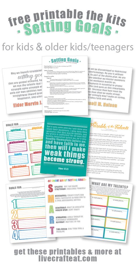 looking for a great way to teach your kids & older kids/teenagers about goal setting? get these free printable family home evening kits! there are 2 sets: one for older kids/teenagers, and a more simplified version for younger kids. each kit includes suggestions for scriptures, quotes, stories/talks, handouts, songs, and activities. all of them free and printable, of course!! | www.livecrafteat.com Scriptures Quotes, Goal Activities, Family Home Evening Lessons, Goal Setting Activities, Quotes Stories, Activity Day Girls, Fhe Lessons, Kids Goals, Quotes Family