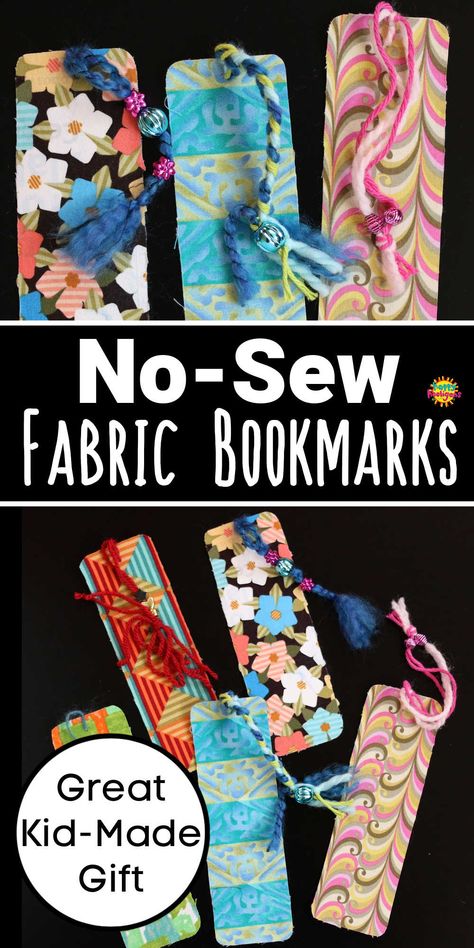 These no-sew fabric bookmarks are fun to make, and an excellent homemade gift for a child to give to a parent or friend. All you need to make them is cardboard, a scrap of fabric, some yarn and a few beads. #HappyHooligans #NoSew #Projects #Homemade #Gifts #Easy Fabric Bookmarks, Homemade Bookmarks, Bookmark Crochet, Fabric Crafts Diy, Scrap Fabric Crafts, Scrap Fabric Projects, Bookmark Craft, Cute Fabric, Bookmarks Kids