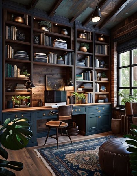 Home Office For Men Rustic, Masculine Office, Modern Man Cave, Home Office For Men, Office For Men, Home Office For Man, My Home Office, Home Library Design, Library Design