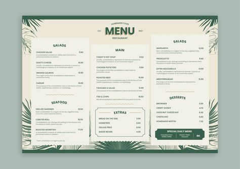 Tropical Hand-drawn Leaves Homemade Food Restaurant Menu Hawaiian Restaurant, Cafe Menu Design, Green Cafe, Drawn Leaves, Restaurant Menu Template, Menu Boards, Menu Cover, Coffee Menu, Restaurant Menu Design