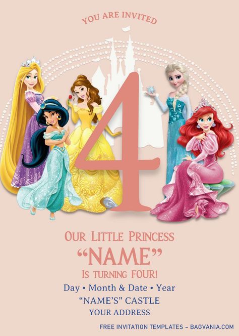 Disney Princess Birthday Invitation Templates – Editable With MS Word | FREE Printable Birthday Invitation Templates - Bagvania Disney Princess Theme Birthday Party, Disney Princess Invitations, Disney Princess Birthday Cakes, 4de Verjaardag, Princess Birthday Party Invitations, Birthday Party Invitations Free, Princess Party Invitations, Disney Princess Theme, Princess Birthday Party Decorations