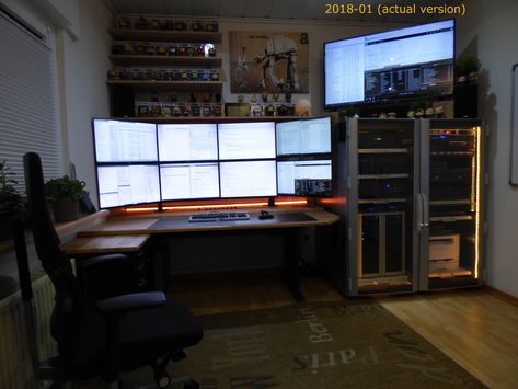 History of a software developer's home office (2003-2018) - Album on Imgur Cybersecurity Home Lab, Home Computer Lab, Software Developer Home Office, Cybersecurity Desk Setup, Homelab Server, Home Networking Setup, Hacker Room, Trading Office, Computer Rack