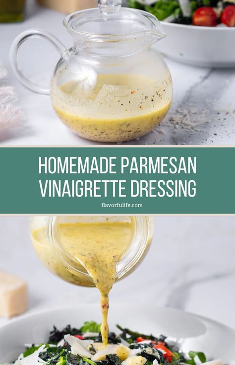 This easy and light homemade parmesan vinaigrette is a perfect choice for dressing up salads. Garlic parmesan dressing adds a fresh, zesty taste to any greens. Simple to whip up, it's a great way to make your meals more flavorful and exciting! Vinaigrette Salad Dressing Homemade, Simple Homemade Dressings For Salads, Homemade Vinaigrette Dressing Healthy, Parmesan Garlic Salad Dressing, Healthy Vinaigrette Dressing, Ranch Vinaigrette Dressing, Light Vinaigrette Dressing, Homemade Garlic Dressing, Easy Homemade Dressings For Salads