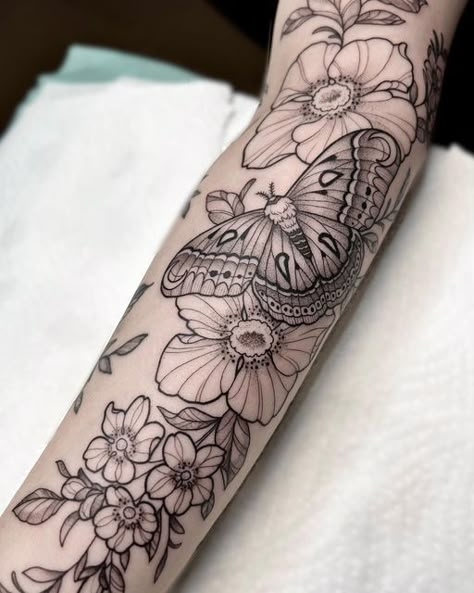 Flowers And Moths Tattoo, Flower Butterfly Forearm Tattoo, Moth Sleeve Tattoos For Women, Luna Moth Sleeve Tattoo, Plant Butterfly Tattoo, Floral And Insect Tattoo, Butterfly Tattoo With Flowers Around It, Insect And Flower Tattoo, Moth And Floral Tattoo