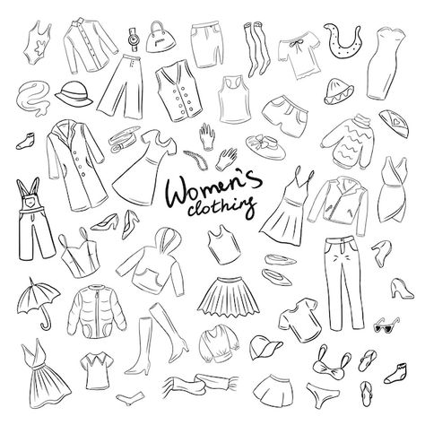 Big set of womens clothes in vectorpictu... | Premium Vector #Freepik #vector #dress #clothes #fashion-doodle #shirt-icon Doodle Art Fashion Illustration, Clothes Doodles Easy, Fashion Doodle Art, Doodle T Shirt, Shopping Doodles, Outfit Doodles, Clothes Doodle, Clothing Doodles, Doodle Clothes