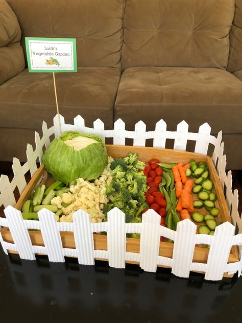 A veggie garden tray for a farm themed birthday party. Farm Themed Birthday Food Ideas, Farm Theme Games For Birthday Party, 40th Birthday Farm Theme, Farm First Birthday Food Ideas, Dinosaur Farm Party, Farm Theme Rice Krispie Treats, Farm Animal Tractor Birthday Party, Agriculture Party Ideas, Old Macdonald Had A Farm Birthday Party