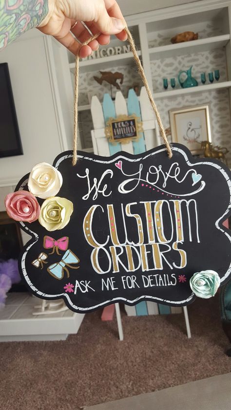 Diy craft show displays signage hand painted chalk board signs using paint pens custom order signs Custom Orders Sign Craft Fair, Craft Vendor Ideas, Booth Signs Vendor, Custom Order Sign Craft Fair, Craft Show Setup Booth Displays, Pop Up Signage Ideas, Craft Booth Signs, Vendor Booth Signs, Diy Vendor Sign