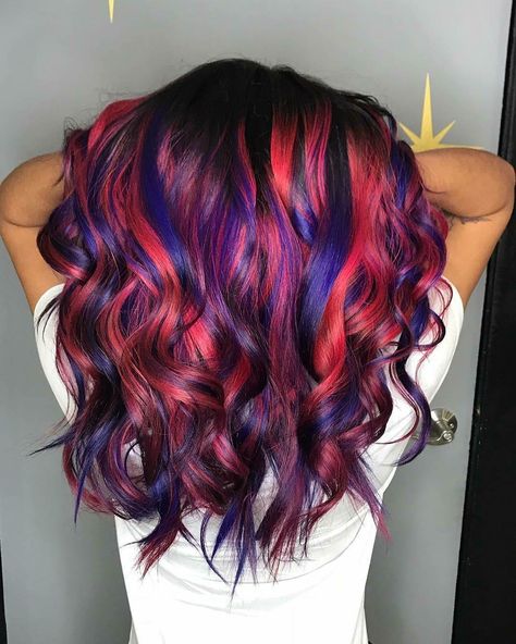 Purple and red hair Black Hair With Red And Purple Highlights, Red Blue Purple Hair Highlights, Highlights Shag Hair, Multi Red Hair Color Combos, Purple Highlights Red Hair, Purple And Red Hair Highlights, Red Blue And Purple Hair, Blue Purple Red Hair, Purple And Red Hair Color