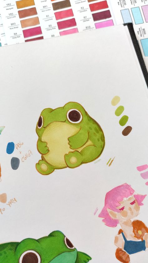 colorful green adorable frog frogs toad rana sketchbook traditional art illustration copic marker ohuhu alcohol markers pad drawn on sketchpad with colored pencils prismacolor and pilot color eno pencil by chetom Cute Colored Doodles, Art Ideas With Pencil, Watercolor Frog Cute, Frog Marker Drawing, Cute Color Pencil Art, Kawaii Frog Art, Stuff To Draw With Colored Pencils, Cute Digital Art Ideas, Marker Art Animals