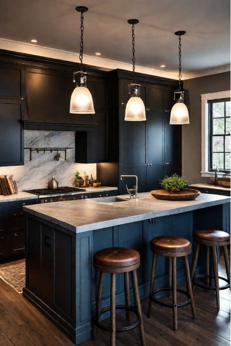 Rustic kitchen with stone island Dark Kitchen With Wood, Kitchen With Wood Island, Rustic Kitchen Island Ideas, Stone Kitchen Island, Metal Kitchen Island, Concrete Kitchen Island, Natural Stone Kitchen, Old World Kitchens, Rustic Kitchen Island