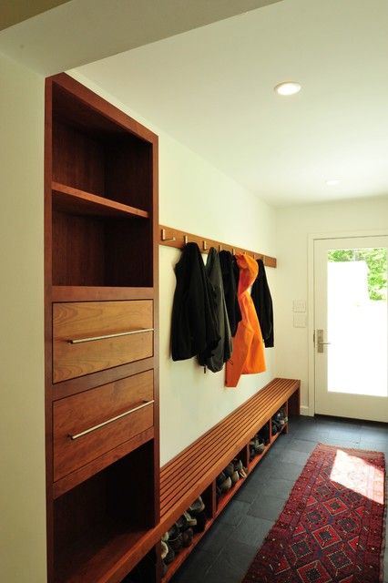 Mid Century Modern - Midcentury - Entry - Portland Maine - by Cormack Construction Management | Houzz Hall Tree Mid Century Modern, Mid Century Modern Drop Zone, Mid Century Modern Entrance Hall, Mudroom Mid Century Modern, Mid Century Mudroom Ideas, Mid Century Mud Room Ideas, Mid Century Mud Room, Retro Mudroom, Mid Century Modern Mudroom Entryway