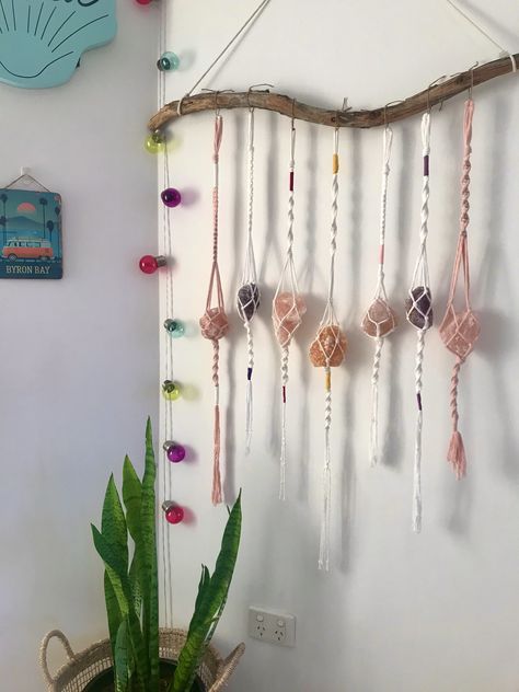 Handmade macrame crystal hangers 💕  $ 59.90 aud Crystal Crafts Diy, Macrame Crystal Hanger, Crystal Hangers, Crystal Hanger, Crystal Crochet, Diy Crystal Crafts, Crystal Macrame, Unique Macrame, Macrame Home