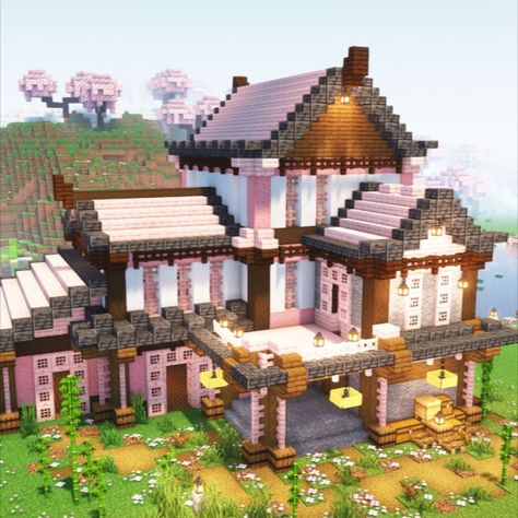 Cute Pink Minecraft House Vanilla, Cute Pink Minecraft House, Minecraft Cherry Blossom House, Cherry Blossom Village, Cute Minecraft Houses Easy, Pretty Minecraft Houses, Big Minecraft Houses, Minecraft Japanese House, Cherry Blossom House