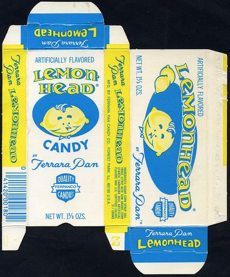 Ferrara Pan - Lemonhead two-sided candy box - 1970's by JasonLiebig, via Flickr Vintage Candy Packaging, Old School Candy, Lemon Head, Penny Candy, Nostalgic Candy, I'm Sick, Retro Candy, Tootsie Roll, Candy Packaging