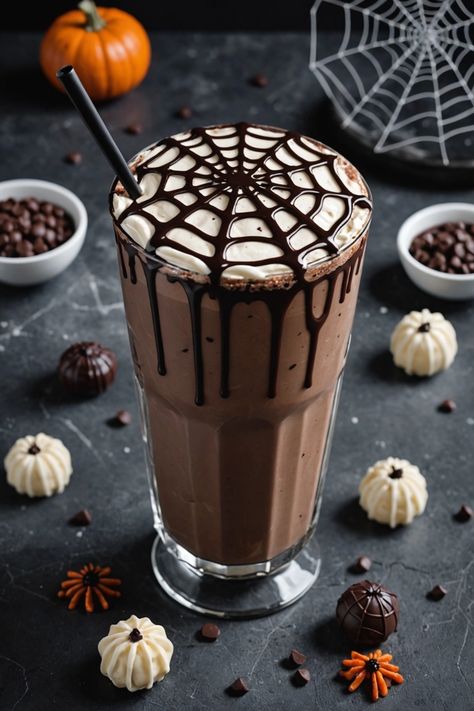 A photo of a  Spider Web Chocolate Milkshake which is a type of Halloween Milkshare ideas Halloween Smoothies For Kids, Halloween Milkshake Ideas, Spooky Hot Chocolate, Hot Halloween Drinks, Halloween Treats Aesthetic, Halloween Ice Cream Ideas, Fall Milkshakes, Halloween Latte Art, Spooky Milkshake