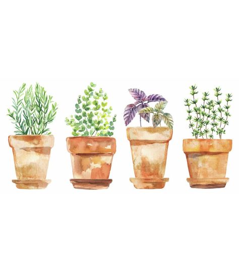 RoomMates Wall Decals Watercolor Potted Herbs | JOANN Watercolour Plants Simple, Magic Drawings, Potted Herbs, Watercolor Herbs, Herb Wall, Whimsical Watercolor, Watercolor Paintings For Beginners, Watercolour Paint, Decor Shabby Chic