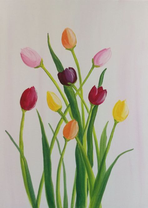 This is a 11 x 14 digital download of an original acrylic painting by Carrie! It is some pretty tulips on a light pink background! It is sure to go well in any room in the house. Great for kids room, bedroom, or bathroom decor! Print it out and give it as a gift, makes an easy and sweet birthday gift! **This is a digital download, no physical product will be sent. Painted Tulips Easy, Tulip Painting Acrylic Easy, Easy Tulip Painting, Tulip Paintings, Diy Origami Home, Paint Therapy, Pretty Tulips, Art Tulips, Acrylic Vase