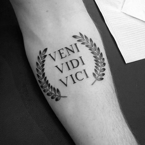 60 Veni Vidi Vici Tattoo Designs For Men - Julius Caesar Ideas                                                                                                                                                                                 More Latin Tattoo, Roman Tattoo, Tatuagem Masculina Pequena, Veni Vidi Vici, Inspiration Tattoos, Small Tattoos Simple, Cat Tattoos, Tiny Tattoo, Small Tattoos For Guys