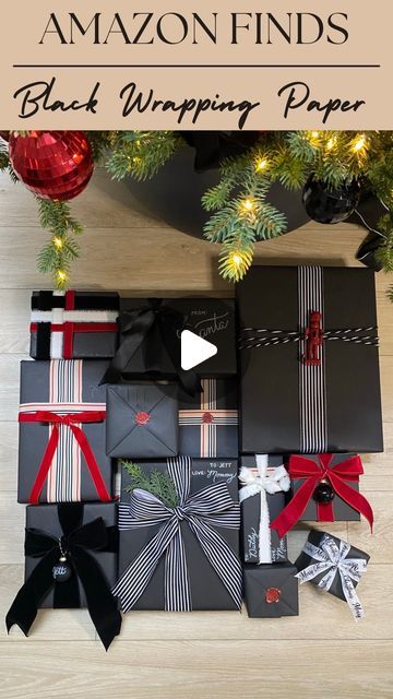 Haley Jones // MAMJ on Instagram: "Comment “Santa” for links sent straight to your inbox!  This wrapping paper sells our every year so stock up now! Last year I used black washi tape instead of the standard clear tape and it looked great! Follow for more Christmas decor, wrapping tutorials, and gift ideas!   #meandmrjones wrapping paper, gift wrapping tutorial, gift wrapping ideas, gift wrapping, Christmas presents, Christmas decor 2023, Christmas aesthetic, black wrapping paper" Black Wrapping Paper Christmas, Black Christmas Wrapping Paper, Haley Jones, Christmas Decor 2023, Wrapping Christmas Presents, Gift Wrapping Christmas, Gift Wrapping Tutorial, Paper Gift Wrapping, Wrapping Tutorial