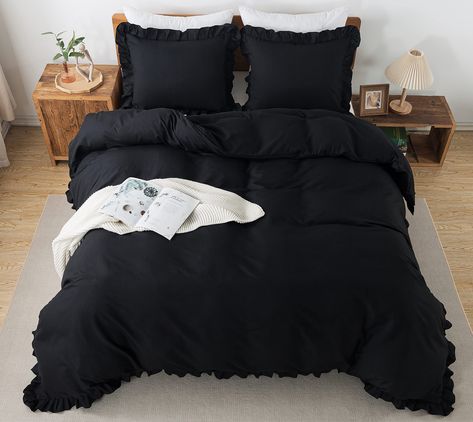 PRICES MAY VARY. [Black Ruffle Duvet Cover] Andency black duvet cover set adopts vintage ruffle fringe, modern farmhouse style, cute and elegant. There are beautiful ruffles on 3 sides, give you a chic, textured addition to your bedroom decor. Our black ruffled duvet cover set comes with solid color design, simple but stylish. Black duvet cover is suitable for any room, such as a bedroom, guest room, kids room, vacation room, and so on. [King Duvet Cover Set] 3 pieces king duvet cover set Includ Bed Comforter Sets Amazon, Goth Duvet Cover, Black Ruffle Bedding, Dark Bedsheets, Black Duvet Cover Bedroom, Dark Fairy Room, Black Bed Spread, Grunge Dorm Room, Goth Dorm Room