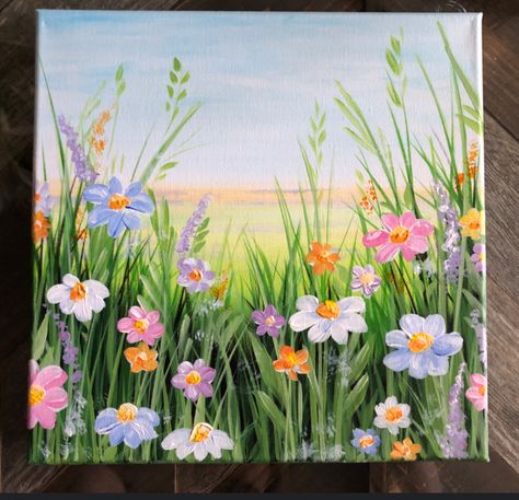 Meadow Painting Acrylic Easy, Wildflower Field Painting Easy, Wildflowers Canvas Painting, Beautiful Things To Paint, Flower Paint And Sip, Flower Fields Drawing, Flowers In Grass Painting, Flower Garden Painting Easy, Wild Flower Painting Acrylic Simple