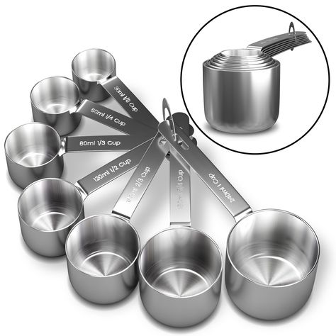 PRICES MAY VARY. Steel Measuring Cups Set: 7 incredible essential kitchen Stainless Measuring Cups are to serve and help you in cooking or baking when you need to get the definite volume of dry ingredients Engraved Marking: Each measuring cup has clearly engraved marking like 1/8; 1/4; 1/3; 1/2; 2/3; 3/4; 1 cup written from the outside of the cup which will ensure precise measuring and accurate cooking Stackable Design: Metal measuring cups stainless steel are designed stackable saving place and