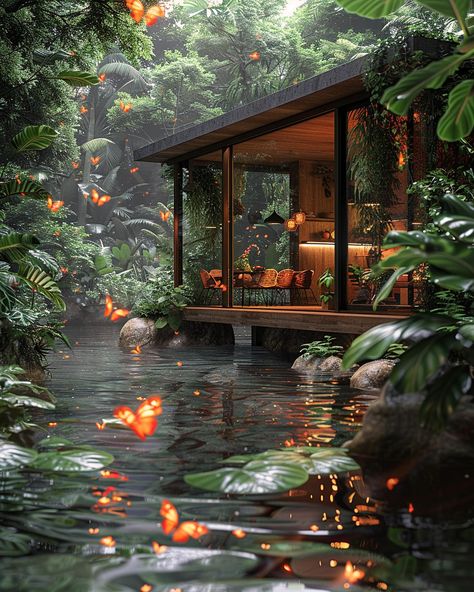 A tranquil retreat above the whispering waters 🌿💚 . . . . . . #homedecor #architecture #forest #interior #midjourneyarchitecture #midjourneyinterior #midjourney #midjourneyart #butterfly #surreal #conceptart #amazonianforest #interiordesign #jungle Forest House Architecture, Forest Architecture, Jungle Aesthetic, Jungle Home, Jungle House, Persian Art Painting, Tranquil Retreat, Persian Art, Forest House