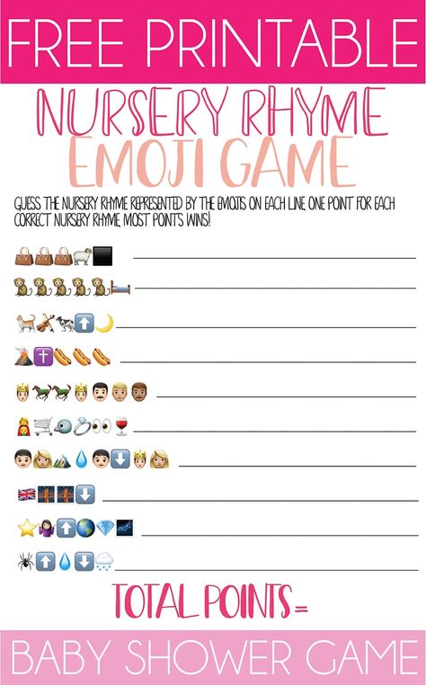 Free printable baby shower emoji games! Perfect for a baby shower party. Great for adults or even for teens at a baby shower! Work Baby Shower Ideas, Baby Shower Emoji Game, Nursery Rhyme Baby Shower Game, Free Nursery Rhymes, Guess The Emoji, Emoji Quiz, Emoji Game, Free Printable Baby Shower Games, Free Emoji