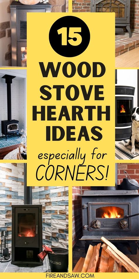 Corner wood stove hearths Stove Hearth Ideas, Wood Stove Hearth Ideas, Wood Burning Stove Decor, Wood Stove Heat Shield, Corner Log Burner, Wood Burning Stove Corner, Corner Wood Stove, Wood Stove Wall, Hearth Ideas