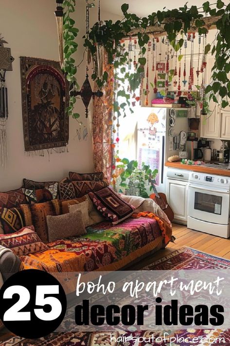 Create one of the most gorgeous of 25 boho apartment ideas for a cozy, cute space. This vibrant studio apartment cleverly blends sleeping and living areas, creating a multifunctional space that feels both cozy. Lush hanging plants and colorful textiles make for an atmosphere perfect for relaxation or hosting friends. This makes it easy to entertain guests with food and drinks, ensuring the space is not only stylish but also practical for daily living. Colorful Boho Apartment Decor, Small Space Boho Decor, Small Boho Studio Apartment Ideas, Boho Rental Apartment, Studio Apartment Ideas Boho, Studio Apartment Boho, Eclectic Apartment Decor Ideas, Cozy Studio Apartment Ideas Small Spaces, Bohemian Studio Apartment Ideas