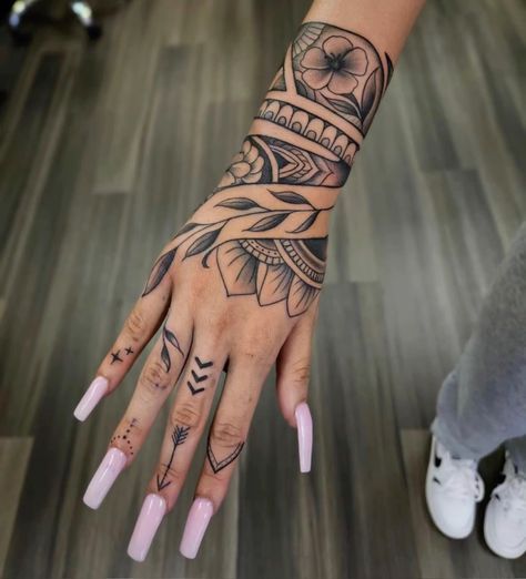 Woman Hand Tattoo Design, Female Hand Tattoos Ideas, Hawaiian Hand Tattoo, Arm And Hand Tattoos For Women, Thigh Tats For Women Meaningful, Hand To Arm Tattoo, Hand Tats For Women Aesthetic, Unique Hand Tattoos Women, Womens Hand Tattoos Ideas