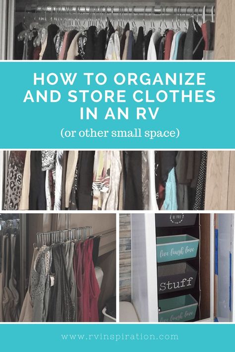 Fitting all of the clothes we need into an RV closet can be tricky.  Here are some organization ideas for different styles of RV closets to help maximize space. Storage Closet Organization Ideas, Rv Storage Organization, Closet Clothes Storage, Camper Organization, Closet Clothes, Rv Organization, Closet Organization Ideas, Camper Storage, Diy Rv