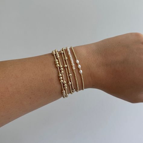 Meryl Bracelet – ROMY PETRA Dainty Gold Bead Bracelet, E Newton Bracelet Stack, Bracelet Stacking Ideas, Dainty Bracelet Stack, Bracelet Combinations, Bracelet Stack Ideas, Bracelets Preppy, Beaded Bracelet Stack, 2mm Beads