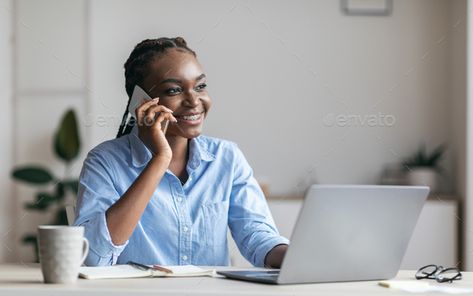 Black Woman Manager Talking On Cellphone And Working On Laptop In Office by Prostock-studio. Cheerful African American Woman Manager Talking On Cellphone And Working On Laptop In Modern Office, Having Braces An... #Sponsored #Cellphone, #Working, #Laptop, #Talking Woman Manager, Happy Black, Business Communication, American Woman, Pinterest For Business, African American Women, Female Entrepreneur, American Women, Resume Templates