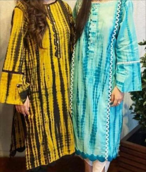 Tie Dye Suit Design, Tie Dye Kurti Designs Latest, Batik Print Kurti Patterns, Batik Kurti, Tie Dye Dress Outfit, Bandhani Dresses, Tie Die Shirts, Glittery Dress, Lace Dress Design