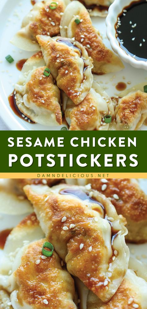 SESAME CHICKEN POTSTICKERS, football party food, easy game day snacks Homemade Potstickers, Chicken Potstickers, Potstickers Recipe, Starter Ideas, Mapo Tofu, Asian Inspired Dishes, Shiitake Mushrooms, Sesame Chicken, Asian Inspired Recipes