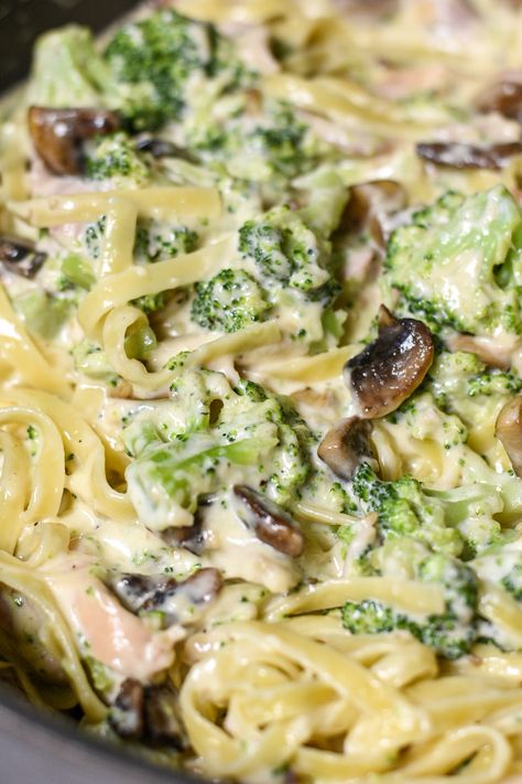 Fettuccine Alfredo with Broccoli, Chicken, and Mushrooms - Mama's Happy Kitchen Fettuccine Alfredo With Broccoli, Fettucini Alfredo Recipe, Alfredo With Broccoli, Spinach Fettuccine, Alfredo Recipes, Chicken And Mushrooms, Chicken Fettuccine Alfredo, Chicken Broccoli Alfredo, Chicken Fettuccine